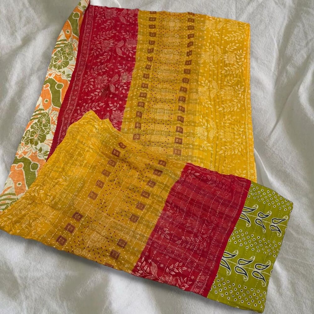 Vintage Indian Kantha Quilt Small Blanket and Pillow Case Set